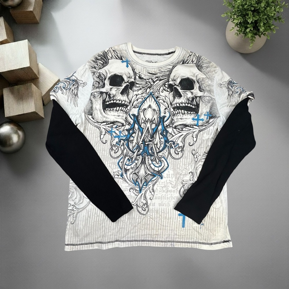 Vintage MMA Elite Y2K Skull Graphic Layered Long Sleeve Shirt XL White Black